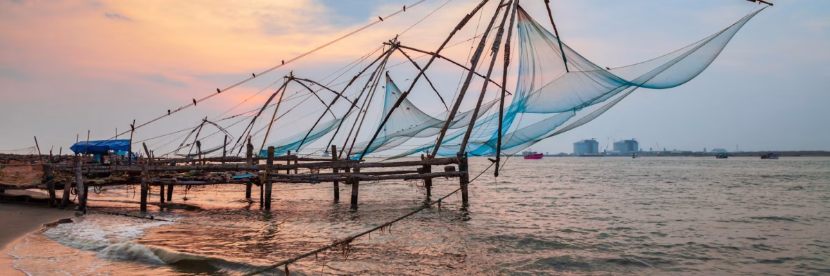 “Chinese fishing nets at Fort Kochi beach Kerala”